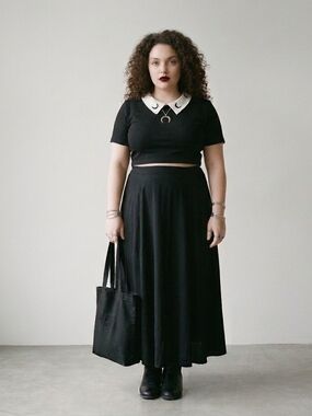 SHEIN Curve Black Rib Knit Crop Top White Moon Collar 2XL